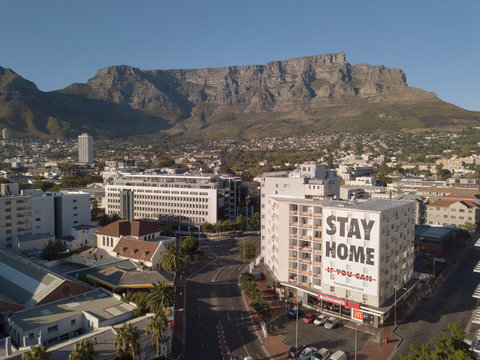 Aerial view of empty streets in Cape Town, South Africa during the Covid 19 lockdown.