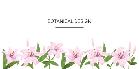 Floral spring design with pink flowers. Lily flowers on a white background. Template for design banner, flyer, inviting. Vector hand-drawn illustration.