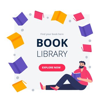 Modern flat and simple design banners and ad template for a book festival, reading club, world book day. Colorful vector illustration with a young man reads books. 