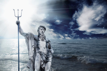 The mighty god of the sea and oceans Neptune (Poseidon). The ancient stone statue against dramatic sea landscape. - obrazy, fototapety, plakaty