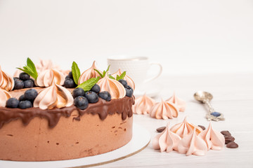 Chocolate poultry milk garnished with marshmallows and blueberries