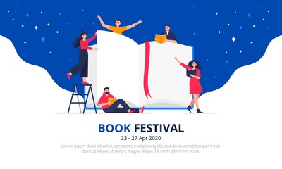 Book festival concept. Young men and women dressed in stylish clothes. People stand near a big open book and read. Colorful flat vector illustration for literary or festival writers, event promoters.