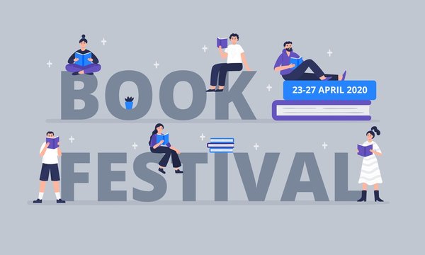 Book festival word concept. Young men and women dressed in stylish clothes, sitting on giant words and read books. Colorful vector illustration for literary or festival writers, event promoters.