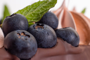 Chocolate poultry milk garnished with marshmallows and blueberries