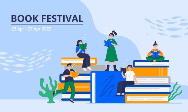 Book festival concept. Young men and women sitting on a stack of giant books and reading underwater. Colorful vector illustration for literary or festival writers, event promoters.