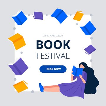 Modern flat and simple design banners and ad template for a book festival, reading club, world book day. Colorful vector illustration with a young woman reads books. 