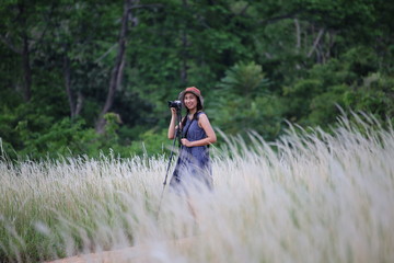 Naklejka na ściany i meble A female photographer taking pictures in grass color white, Thailand