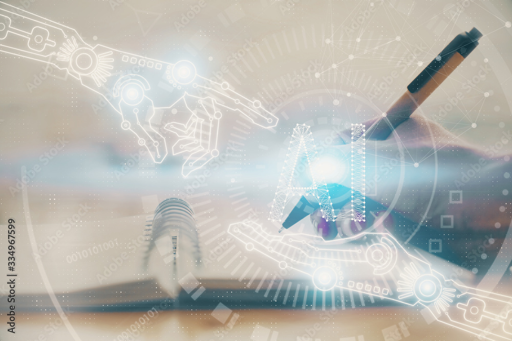 Poster Double exposure of writing hands on background with data solution hologram on front. Technology concept. Close up
