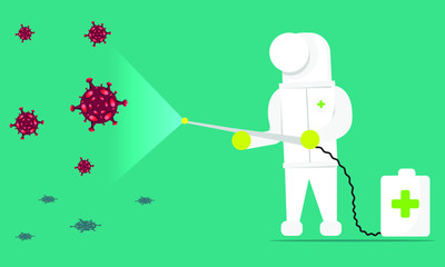 Health workers are spraying disinfectant liquid to sterilize the environment to avoid the corona virus , vector illustration EPS 10
