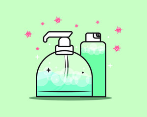 Hand sanitizers liquid and gel. Hygiene product. Covid-19 spread prevention. Vector illustration EPS 10