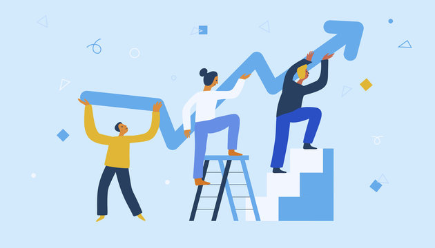 Vector illustration in trendy flat and linear style - teamwork and business growth concept - people constructing graphics - banner and infographics design template - economy crisis