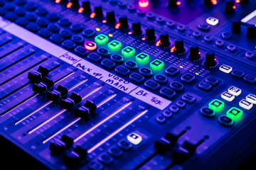 sliders and button on Audio Mixing Desk at live event - obrazy, fototapety, plakaty