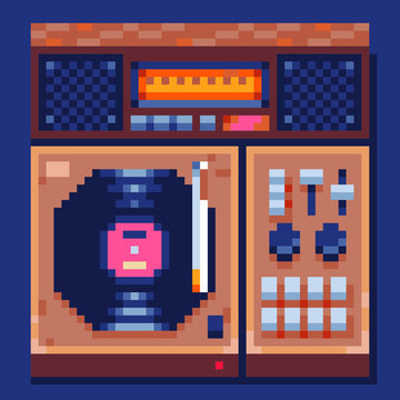 Record. Retro pixel art 80s style music icons set. Sticker design. Video game 8-bit sprite. Music application icon. Record player isolated vector illustration.