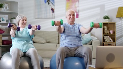 Joyous senior couple sitting on exercise balls, watching online workout on laptop and doing dumbbell wrist twist while training together at home