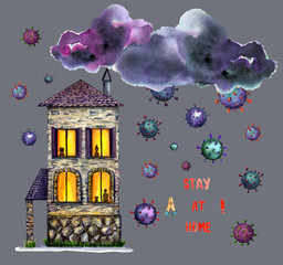 Watercolor illustration of the house. Quarantine. Coronavirus. Stay home. Cloud