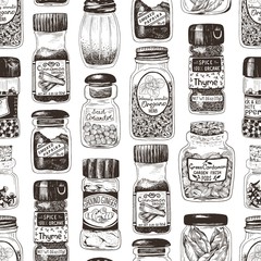 Spices in jars hand drawn seamless pattern with thyme, paprika, cinnamon, ginger, coriander, cardamom, pepper, oregano and clove. Vector illustration in vintage style with different ingredients.