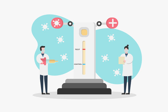 Concept medical science flat design vector with two lab technician character analyzing test for covid-19.