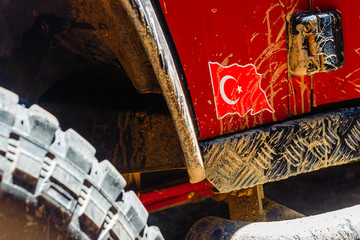Large red jip with a pattern of the Turkish flag. Concept is a national tradition.