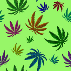 marijuana cannabis leaves different colors on neon green background. Medical plant print. Packaging, wallpaper, textile, fabric design