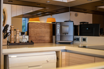 Interior design in villa, house, home, condo and apartment feature coffee maker and kitchen counter