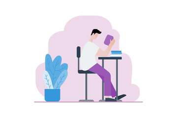 Flat illustration of man reading a book. stay at home concept