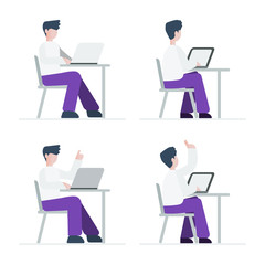 Set of illustrations of businessman working at the table with laptop. issues solving  idea  and process at work