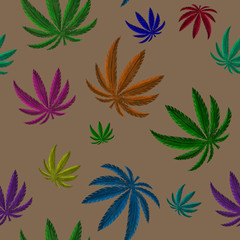 Fototapeta premium seamless pattern with multicolored cannabis leaves on grey background. Medical plant. Antistress, anesthetic. Print, packaging, wallpaper, textile design