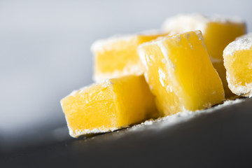 Sweet pieces of yellow turkish delight  .