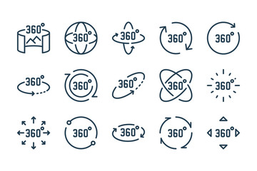 360 degree and panoramic rotation line icon set. Virtual reality vector outline icons. - obrazy, fototapety, plakaty