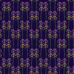 Pink small prairie wild onion flower, hand painted watercolor illustration, seamless pattern design on dark blue background