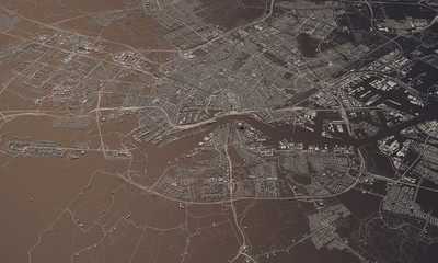 Amsterdam, Netherlands city map 3D Rendering. Aerial satellite view.