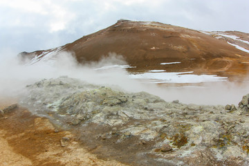 Seething valley of geysers in Iceland. Sulphur springs