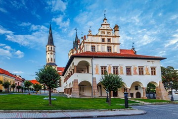 Levoca town, old Town Hall in historical centre at sunset, Slovakia, Europe.