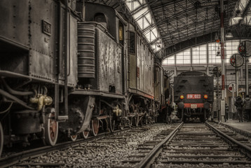 Fototapeta na wymiar old train machines in the station, classic vintage style