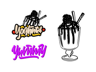 Vector illustration of yummy yoghurt lettering text and hand drawing yogurt with strawberry.