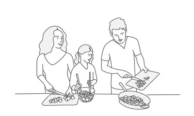 Girl and her parents are cooking. Line drawing vector illustration.
