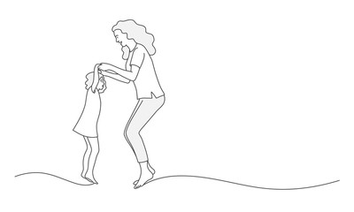 Line drawing vector illustration of mother and daughter jumping.