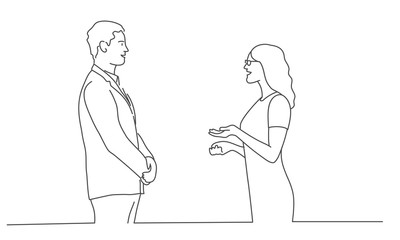 Line drawing vector illustration of couple talking to each other. Business people. Line drawing vector illustration.