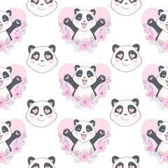 Obraz premium Seamless pattern with cute hand drawn panda' heads. Animal tiling background.