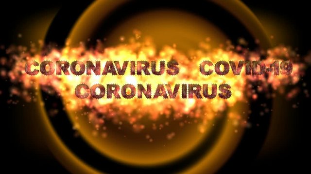 4k 3d animation of moving and revolving text with the Coronavirus and Covid-19 in fiery letters on a dark background..