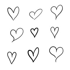 Set of nine hand drawn heart. Handdrawn rough marker hearts isolated on white background. Vector illustration for your graphic design