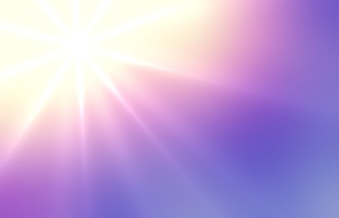 Sun shine on lilac iridescent sky. Empty background vibrant colors gradient. Blurry texture lilac pink yellow. Defocus template. Bright rays abstract pattern.