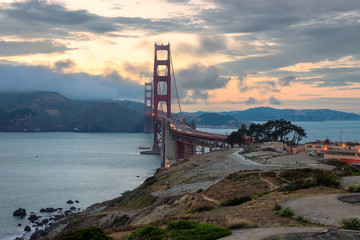 Golden Gate Bridge at sunset, San Francisco, California.