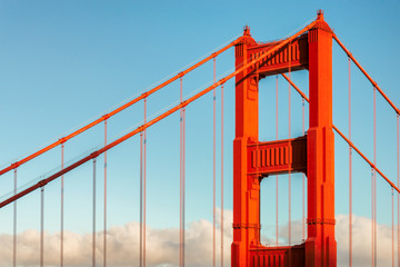 Golden Gate Bridge tower at sunset, San Francisco, California.