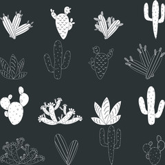 Set of seamless pattern with cactus, succulents and floral elements. Vintage vector botanical illustration. Background ready for printing on textile and other seamless design