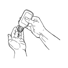 Hands using hand sanitizer gel pump dispenser to protect Covid-19 virus. Coronavirus vector illustration sketch doodle hand drawn isolated on white background. Viral disease prevention