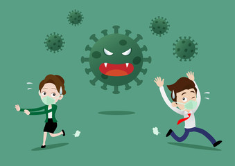 Business team running away from Coronavirus concept, COVID-19 outbreak