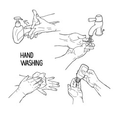 Hand drawn doodle vector illustration preventions infographic with hands washing, soap, hand sanitizer, paper, lettering hand washing. Disinfection, hygiene, medical precaution concept