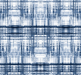 Blue painted tartan indigo shibori seamless pattern art brushstrokes