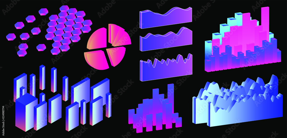 Fototapete Set of 3D graphs, charts, histograms and plots for UI and UX design.